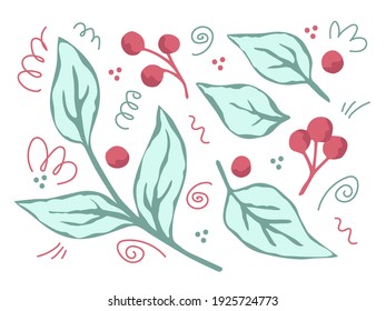 Botanical set of gentle blue leaves, twigs, red berries, curls, doodles. Forest, garden plants, element of nature, flora. To create a pattern, design products.