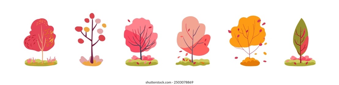 Botanical set of green and red trees. Lush yellow and pink folk foliage. Isolated vector white background