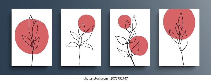 Botanical set. Hand drawn boho foliage line art drawing with abstract shapes. Abstract floral backgrounds for your creative graphic design. Vector illustration.