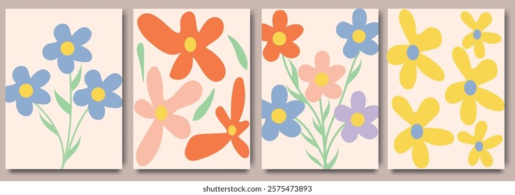 Botanical set poster. Floral illustrations with colorful flowers and pastel tones for creative decorative design. Illustration for packaging, interior, cover, wall art, wallpaper, market