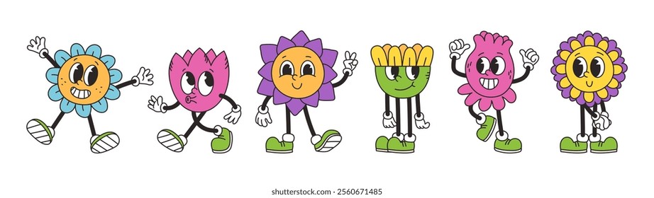 Botanical set of retro groovy characters. Funny vintage mascot flower. Vector trendy isolated doodle illustration
