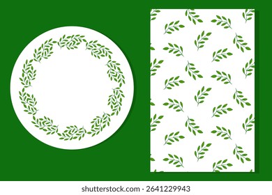 Botanical set with a round leafy frame and seamless leaf pattern. Ideal for eco designs, invitations, packaging, and natural-themed projects.