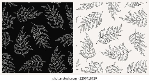Botanical set of seamless repeat pattern herbs. Random placed, vector bundle of branches on black and white backgrounds.