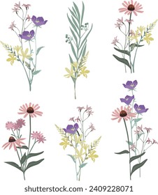 Conjunto botánico de ramas y flores de sketch