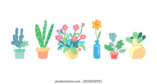 Botanical set of spring indoor plants. Flowers and leaves in the pot. Flowering plants. Blooming flowers and foliage. Flat graphic vector illustration on white background. Colorful hand drawn