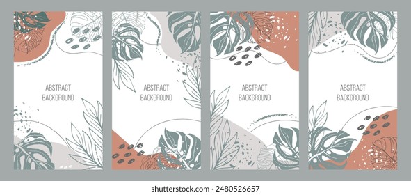 Botanical set. Trendy abstraction editable template for social media stories, tropical leaves, green, orange, earthy colours. Vector illustration. Social media background design.  