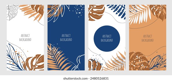 Botanical set. Trendy abstraction editable template for social media stories, tropical leaves, green, orange, earthy colours. Vector illustration. Social media background design