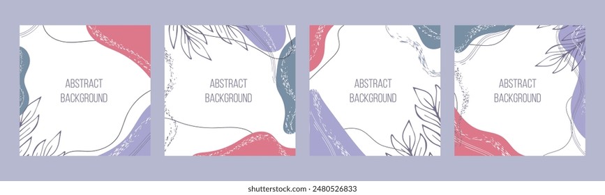 Botanical set. Trendy abstraction editable template for social media stories, tropical leaves, purple, pink, blue colours. Vector illustration. Social media background design. 