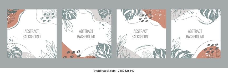 Botanical set. Trendy abstraction editable template for social media post, tropical leaves, green, orange, earthy colours. Vector illustration. Social media background design.  