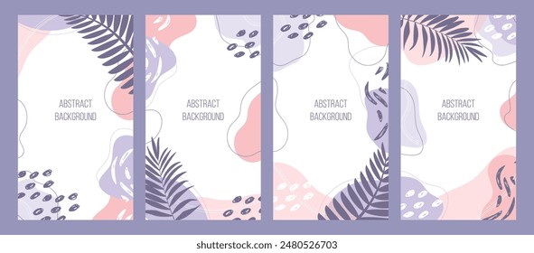 Botanical set. Trendy editable template for social media stories, tropical leaves, purple and pink colours. vector illustration. Social media background design. 