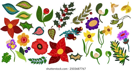 Conjunto botánico Tulipanes Azafranes Pájaro Vector de estilo plano de dibujos animados