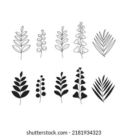  Botanical set. Vector hand-drawn plants, leaves, branches. Design elements for cards, gift paper, decor. Icons.