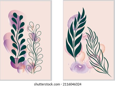 Botanical set, vector illustration.
For print. Leaves, branches of green color, on a pale pink background with watercolor elements.
