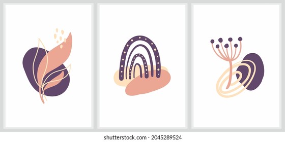 Botanical set of vector illustrations. Drawing of flowers and leaves with an abstract shape. Abstract plant design for prints, covers, wallpapers, minimalistic and natural wall art. Vector illustration