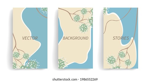Botanical set. Vector layout for social media post, story, banner, mobile, web, ad. Abstract branches and flowers. Design with copy space for text. Stylish natural colors, brown, beige, blue, green
