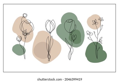 Conjunto botánico de arte de pared vectorial.Flores abstractivas sobre un fondo de manchas pastel, diseño para impresiones, cubiertas, papel pintado, arte minimalista y natural.Vector eps10