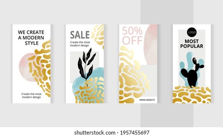Botanical set of vertical photo collage banners. Abstract gold leopard pattern shapes in boho style. Minimalism templates for social media posting and online advertising. Trend vector illustration