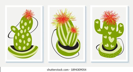 Botanical set wall art of abstract cacti. Drawing with abstract shape. Art design for print, cover, wallpaper, banners. Minimal and natural  design, contemporary art