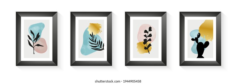 Botanical set of wall artwork posters. Abstract golden plant shapes in boho style earth tones. Plants design for print, covers, wallpapers, stories and web. Minimal and natural art vector illustration