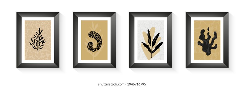 Botanischer Satz von Plakaten für Wandbilder. Abstrakte Formen der Goldrissfissur in Boho-Erdtönen. Pflanzen Design für Druck, Cover, Wallpaper, Geschichten und Web. Minimale und natürliche Kunst.