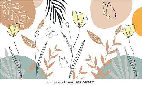 In: Botanical Formens Wall Art Vektorillustration. Erdton Boho Blattlinie Kunstzeichnung mit abstrakten Formen. Kunstdesign als Druck, Bildschirmhintergrund, Umschlag,