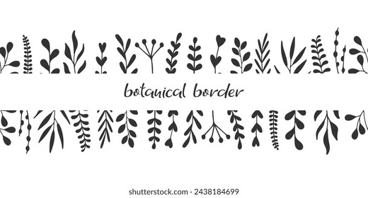 Botanical Silhouette banner. Black and white background. Plants in a row frame border. Spring summer floral nature abstract illustration