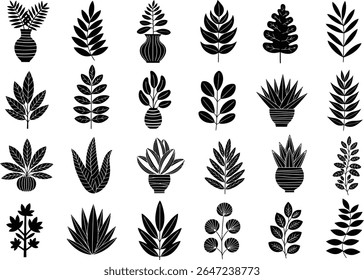 Collection Différents Silhouette Botanique A minimum de Plantes et Fleurs, y compris celles dans les Vases Décoratifs, pour la Décoration et le Style Minimaliste