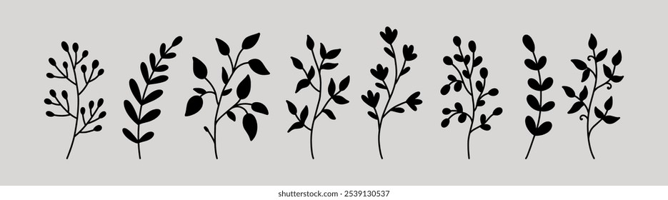 Botanical silhouette elements. Floral doodles. Set of abstract twigs with leaves of different shapes. Hand-drawn vector illustration. Perfect for cards,  decorations, various designs.