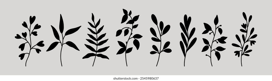 Botanical silhouette elements. Floral doodles. Set of abstract twigs with leaves of different shapes. Hand-drawn vector illustration. Perfect for cards,  decorations, various designs.