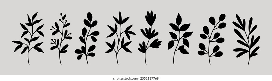 Botanical silhouette elements. Floral doodles. Set of abstract twigs with leaves of different shapes. Hand-drawn vector illustration. Perfect for cards,  decorations, various designs.