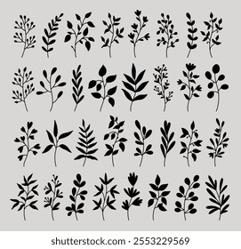 Botanical silhouette elements. Floral doodles. Set of abstract twigs with leaves of different shapes. Hand-drawn vector illustration. Perfect for cards,  decorations, various designs.