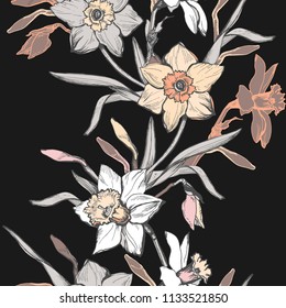 Botanical silhouette seamless pattern with hand drawn flowers daffodils, narcissus. Calm color floral elements on black background. Vector Illustration