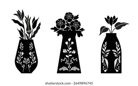 Botanical silhouettes in decorative vessels. Flower vase illustration. Folk art style, isolated vector graphic. 