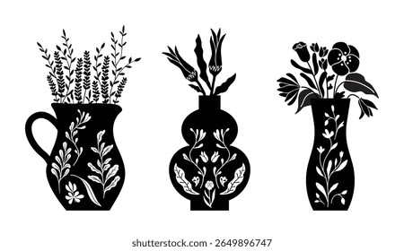 Botanical silhouettes in decorative vessels. Flower vase illustration. Folk art style, isolated vector graphic. 