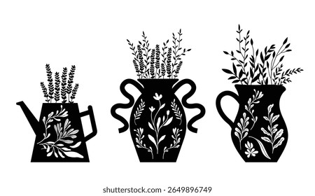 Botanical silhouettes in decorative vessels. Flower vase illustration. Folk art style, isolated vector graphic. 