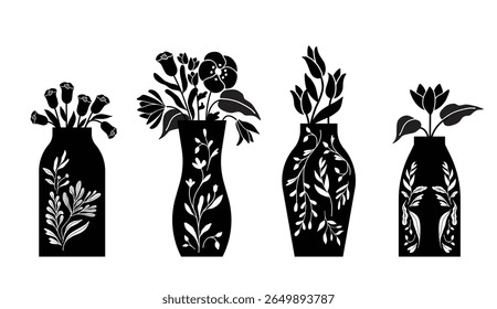 Botanical silhouettes in decorative vessels. Folk art style illustration. Isolated vector graphic.