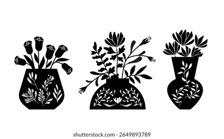 Botanical silhouettes in decorative vessels. Folk art style illustration. Isolated vector graphic.
