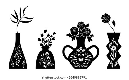 Botanical silhouettes in decorative vessels. Folk art style illustration. Isolated vector graphic.