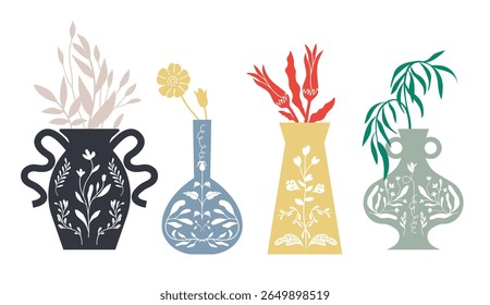 Botanical silhouettes in decorative vessels. Folk art style flower illustration. Flat design. Isolated vector.