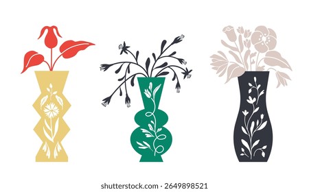 Botanical silhouettes in decorative vessels. Folk art style flower illustration. Flat design. Isolated vector.