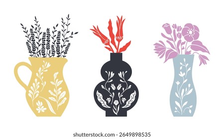 Botanical silhouettes in decorative vessels. Folk art style flower illustration. Flat design. Isolated vector.