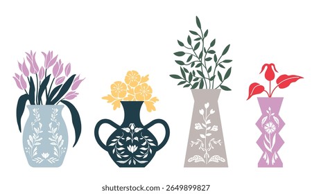Botanical silhouettes in decorative vessels. Folk art style flower illustration. Flat design. Isolated vector.