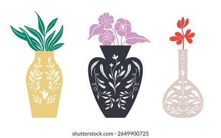 Botanical silhouettes in decorative vessels. Folk art style flower illustration. Flat design. Isolated vector.
