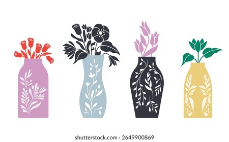 Botanical silhouettes in decorative vessels. Folk art style flower illustration. Flat design. Isolated vector.