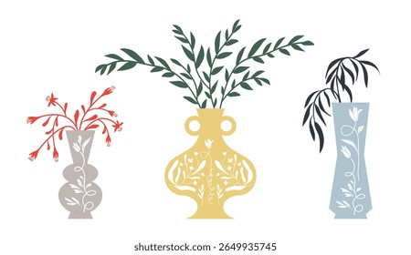 Botanical silhouettes in decorative vessels. Folk art style flower illustration. Flat design. Isolated vector.