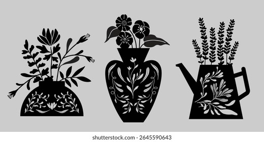 Botanical silhouettes in decorative vessels, Modern pottery design, Flower vases, isolated vector, 