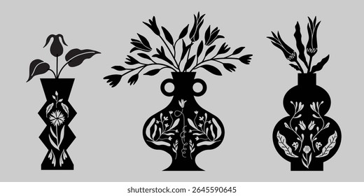 Botanical silhouettes in decorative vessels, Modern pottery design, Flower vases, isolated vector, 