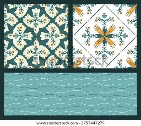 Botanical simmetric seamless patterns collection. Floral ornaments, flying birds, horizontal wavy lines. Blue, white, beige colors. Ethnic style vector backgrounds or textures for printing on fabric.