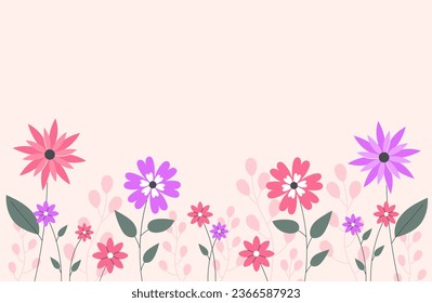 Botanical simple backdrop concept. Colorful flowers and plants. Violet and pink bloom and blossom flowers. Wallpaper and texture. Cartoon flat vector illustration isolated on orange background