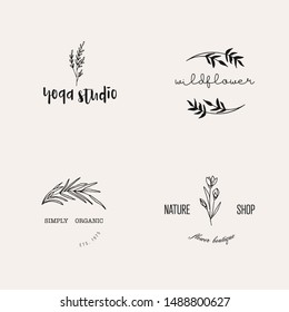 Botanical Simple Hand Drawn Logo with Wild Flower and Leaves. Modern Rustic Logo for spa and beauty salon, boutique, organic shop, wedding, floral designer, photography, cosmetic. Floral element